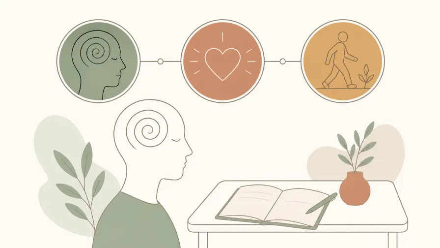 Illustration: three linked circles showing a head with a spiral, a heart and a walking figure, with a person in profile beside a desk holding an open notebook.